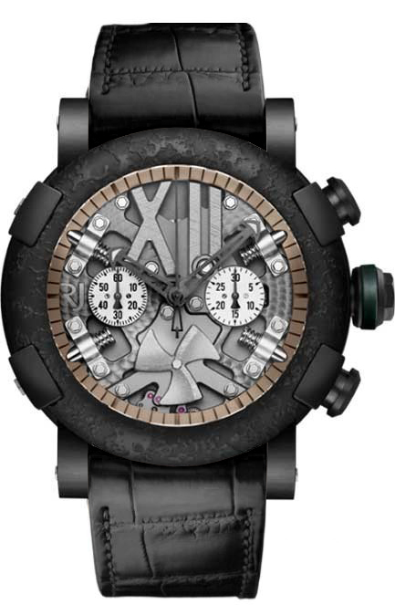 超美品 ROMAIN JEROME ロマン ジェローム Titanic DNA Steampunk タイタニック DNA スティームパンク 腕時計 RJ.T.AU.SP.005.03 ステンレススチール チタン クロコ型押しレザー × ラバー ブラック グリーン系 自動巻き 世界99本限定【本物保証】 The RJ-Romain Jerome Titanic DNA Steampunk Metal Auto